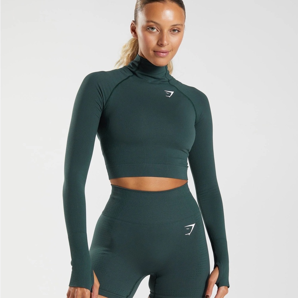 Gymshark Vital Seamless 2.0 High Neck Midi Top Woodland Green Marl Long Sleeve